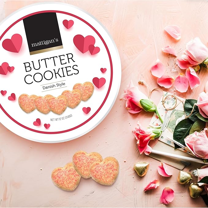 Mattigan's Pink Heart Butter Cookies Danish Style Cookie, 12 Oz Tin, Gourmet Gifts, Holidays