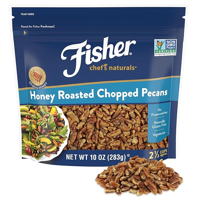 Fisher Chef's Naturals Honey Roasted Chopped Pecans 10oz Resealable Bag, Unsalted Raw Nuts for