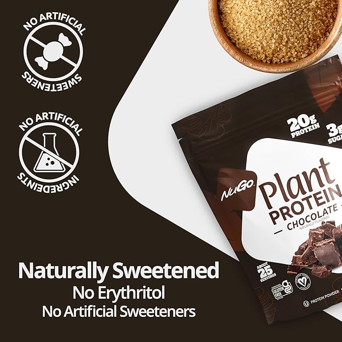 NuGo Plant Protein Powder, Chocolate, 20g Vegan Pea Protein, Low Sugar, Gluten Free, Dairy Free
