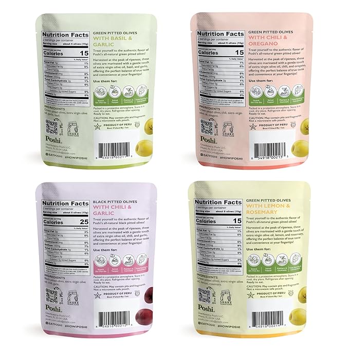 Poshi Natural Whole Pitted Olives | 24 Pack Variety | Basil & Garlic, Chili & Oregano, Chili +