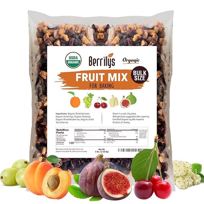 Fruit Mix, Organic, 5 Lbs, Berrilys, Dried Fruits, Diced Figs, Diced Apricots, White Mulberries