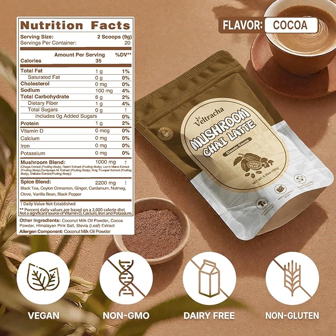 Veltracha Mushroom Chai Tea, Instant Chai Tea Powder with 6 Adaptogenic Mushrooms, Spiced Chai