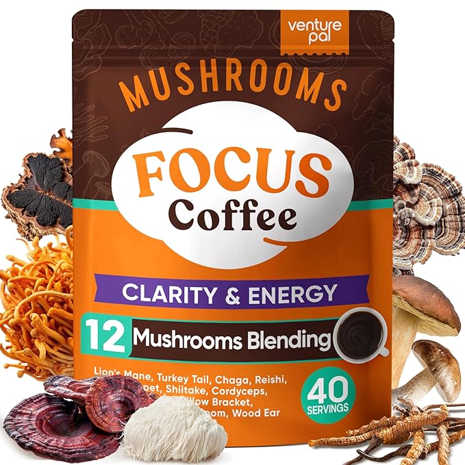 Venture Pal Mushroom Coffee with 12 Adaptogenic Functional Mushrooms with Ashwagandha, Lion's Mane