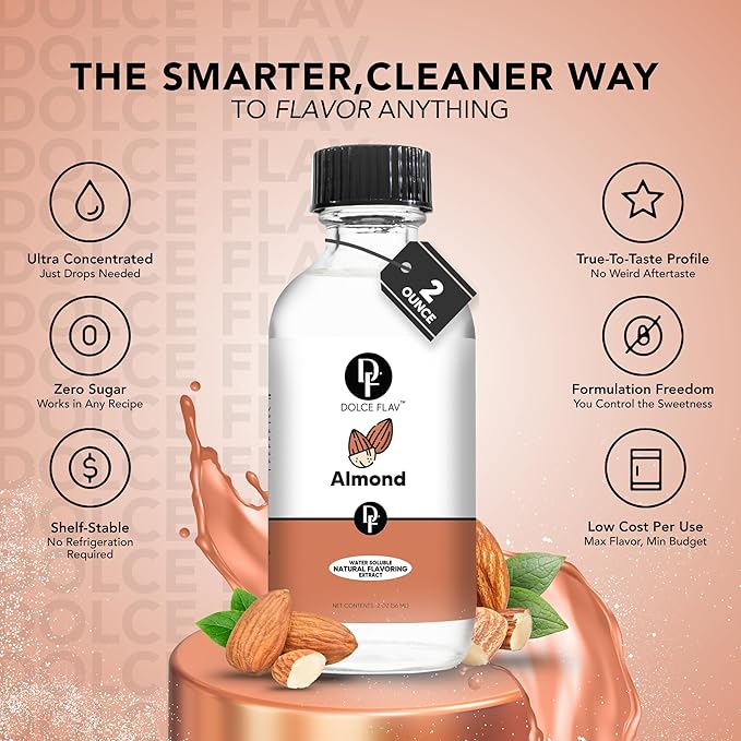 Dolce Flav Natural Almond Extract ??2 Ounce Water-Soluble Kosher, Sugar-Free, Concentrated Pure