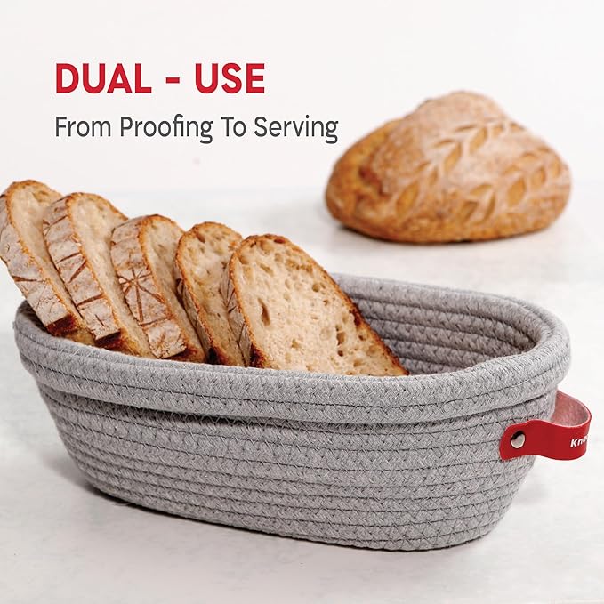 Cotton Rope Banneton Bread Proofing Basket Set, 2 x Oval Bread Basket with Liners & Covers for
