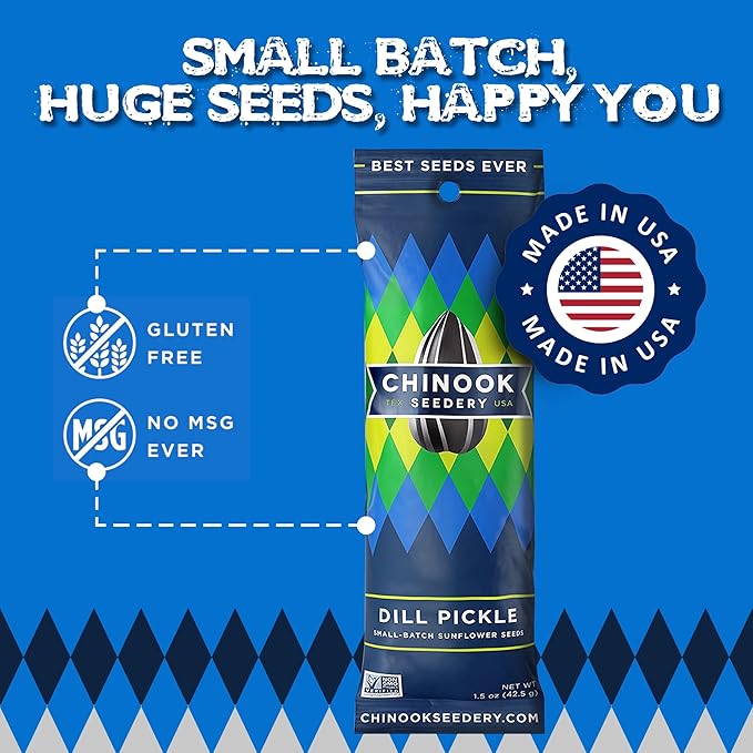 Chinook Seedery Roasted Sunflower Seeds to Eat - 1.5 oz (Pack of 36) Dill Pickle - Jumbo Low Sodium