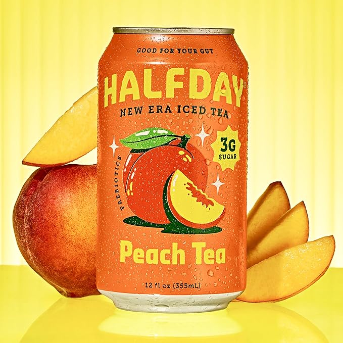 HALFDAY Prebiotic Peach Iced Tea Cans, Supports Digestive & Gut Health, 6g Plant Fiber &