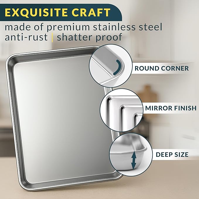 Baker’s Signature Stainless Steel Cookie Sheet Pan, Stainless Steel Baking Sheet Set of 3, Mirror