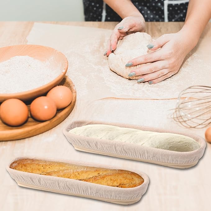 Banneton Bread Proofing Basket - 15 Inch Baguette Sourdough Bread Basket with Liner - Set of 2