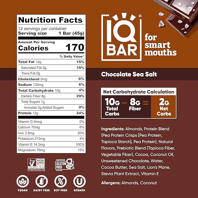 IQBAR Brain and Body Plant Protein Bars - Chocolate Sea Salt - 36-Count Low Carb - Gluten Free