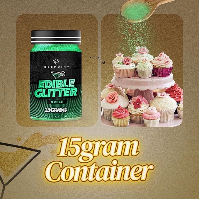 BeePoint Green Edible Glitter for Drinks 15g - Food Grade, Vibrant Color Shimmer Powdered Dust for