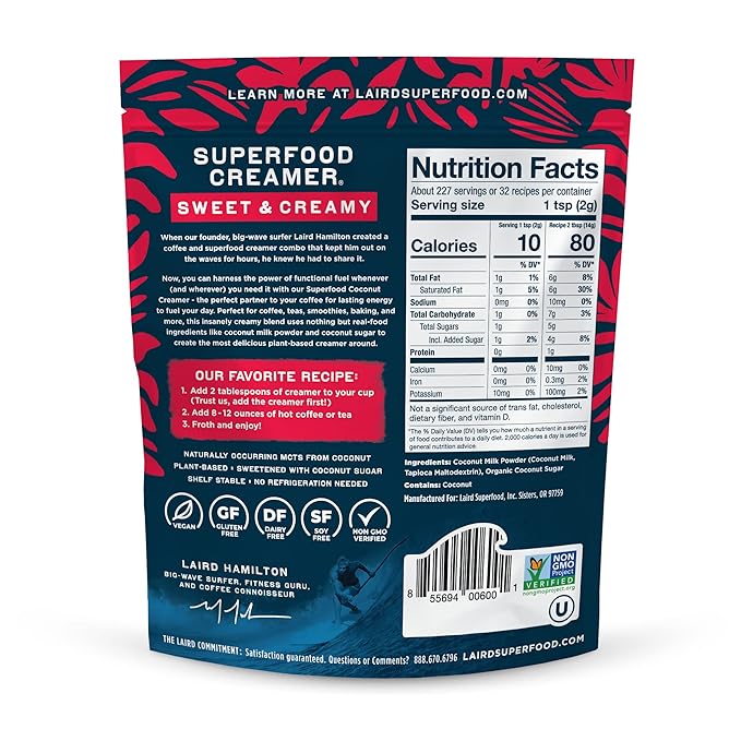 Laird Superfood Non-Dairy Superfood Creamer - Coconut Powder Coffee Creamer - Sweet & Creamy