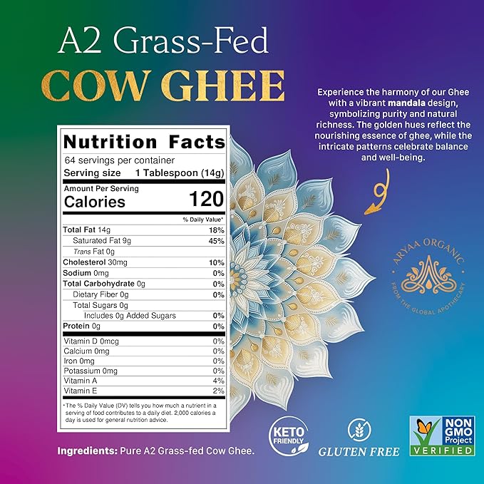 Aryaa Organic A2 Ghee | Grass-fed Cow Ghee, Bilona Method |1Liter (34 fl oz) | Premium Ayurvedic