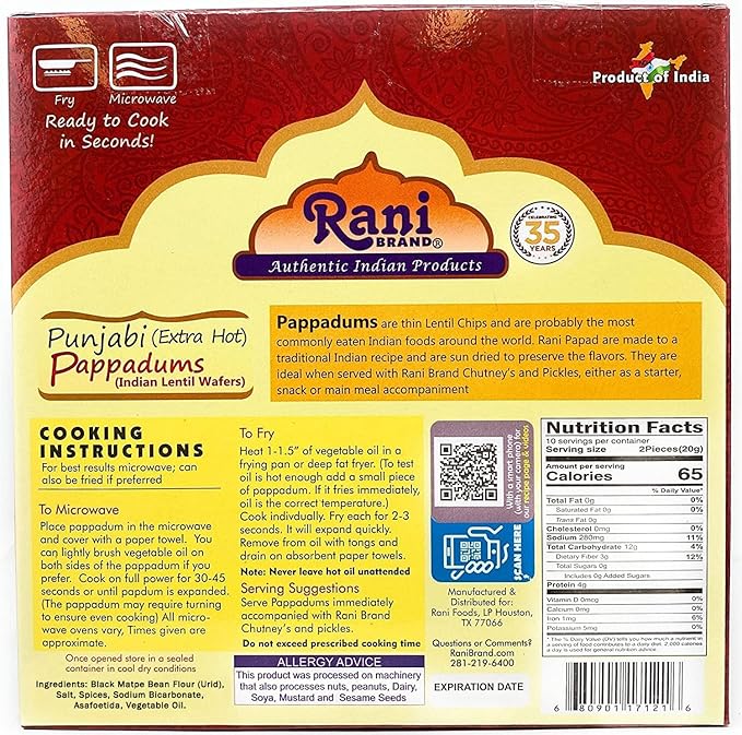 Rani Pappadums (Indian Lentil Wafer Snack) Punjabi Papad - Extra Hot, 7oz (200g) Approximately