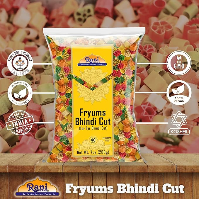 Rani Far Far/Fryums (Wheat & Tapioca Pellet) Bhindi Shape 7oz (200g) ~ Vegan, Kosher, Uncooked