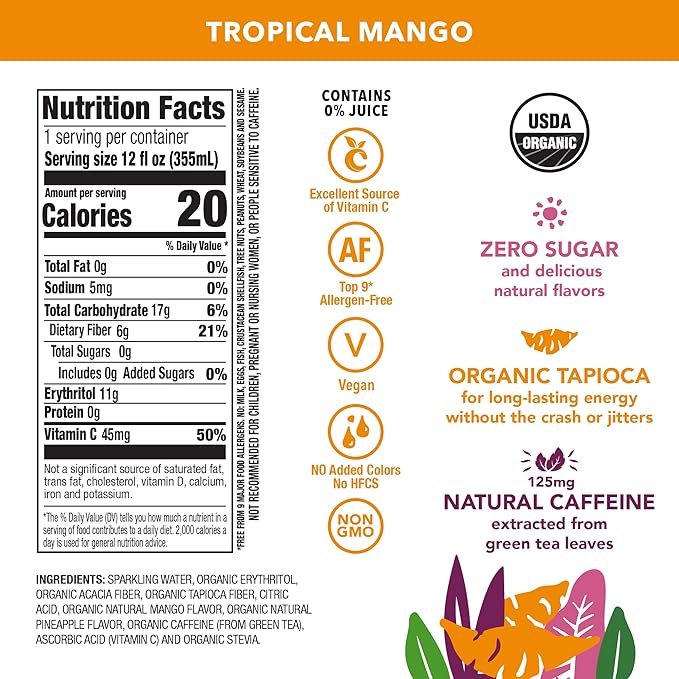 OCA ZERO Tropical Mango, Organic energy drink, zero sugar, gluten-free, vegan plant-based, 12 Fl Oz