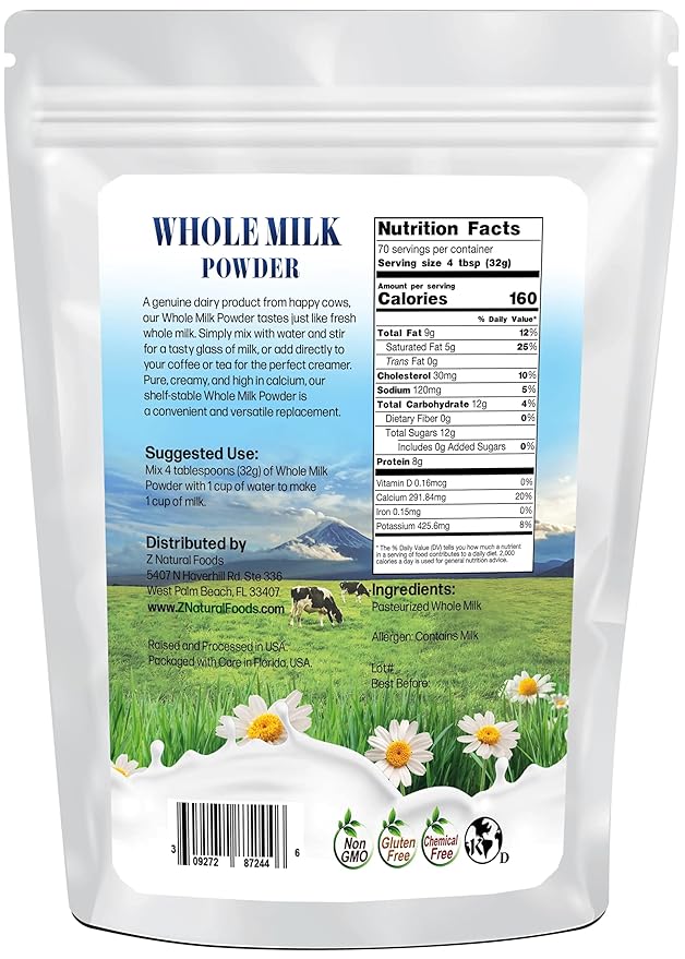 Z Natural Foods Premium Whole Milk Powder - Powdered Milk for Baking, Cooking, Drinks - Dry Milk