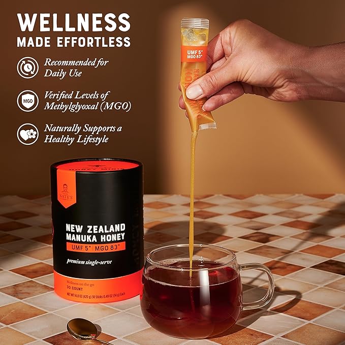 Nate's Manuka Honey Minis - 30 count Single-serve, Pure Manuka Honey - MGO 83+ | UMF 5+ Certified