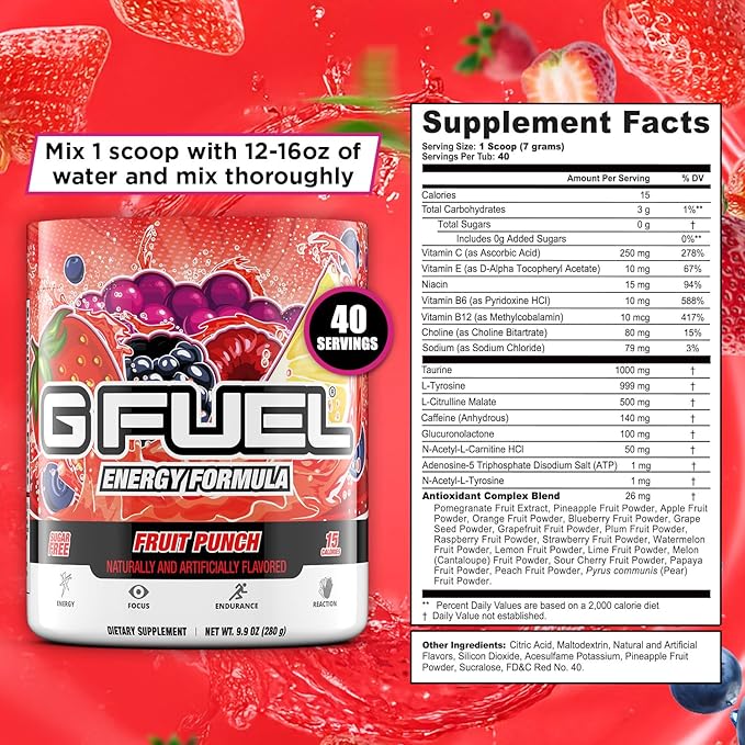 G Fuel Fruit Punch Energy Drink Powder, Pre Workout Caffeine Mix for Gaming, Sugar Free Focus