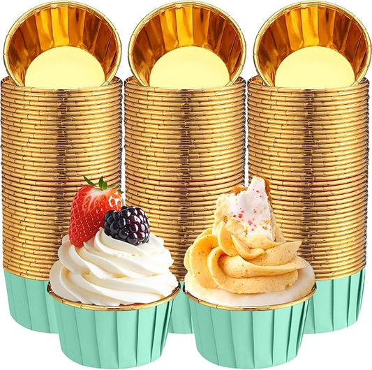 300 Pack Green Gold Cupcake Cups Bulk Disposable Foil Muffin Liners 3.5 oz Wrappers for Baking