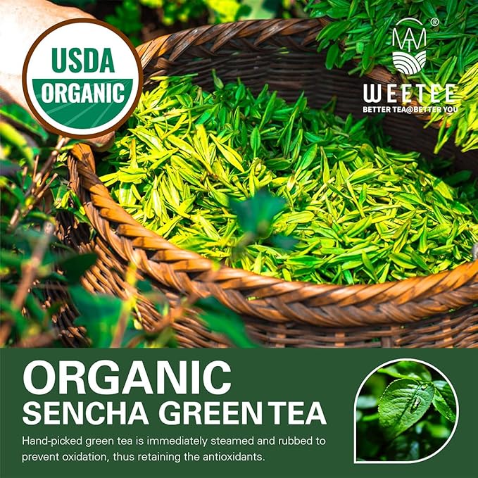 WT WEETEE Organic Sencha Green Tea Bags, Organic Steamed Green Tea 100 Count, Natural Caffeine &