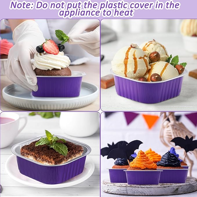 Aoriher 150 Pieces 10 oz Mini Cake Pans with Lids Aluminum Foil Baking Cups Square Disposable 4" x