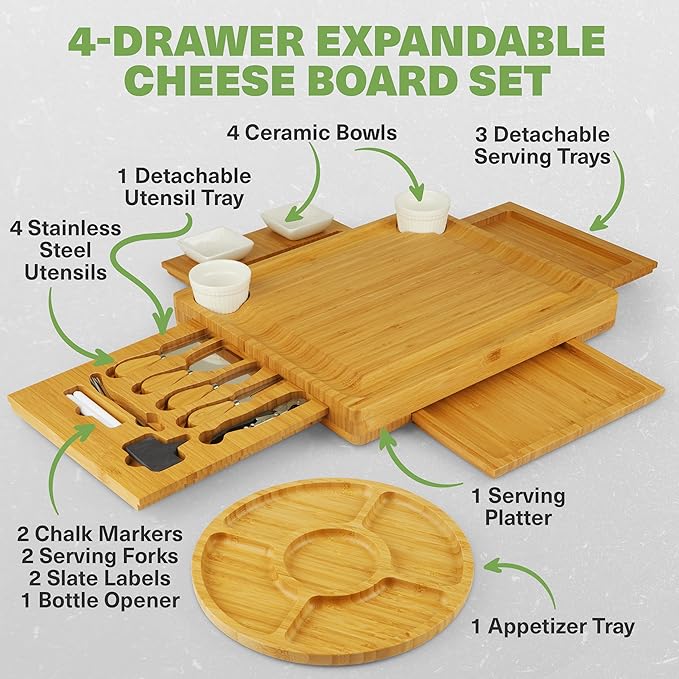 Dynamic Gear Charcuterie Boards with Drawers - Expandable Bamboo Cheese Board Set with Stainless