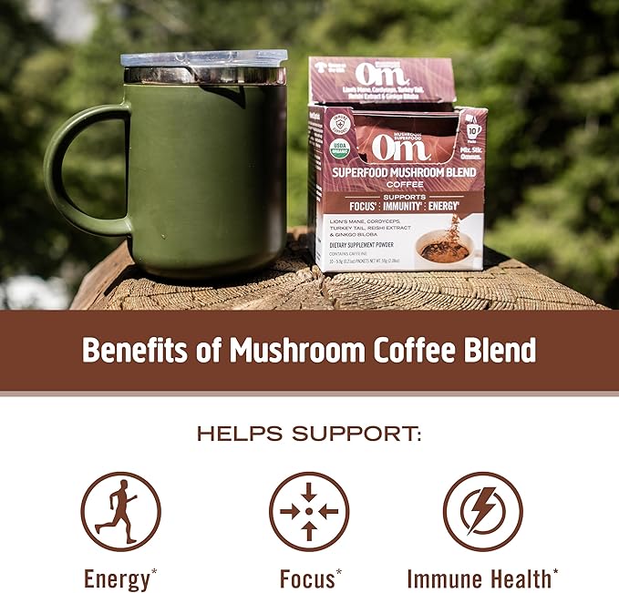 OM MUSHROOM SUPERFOOD Coffee Blend Mushroom Powder, Single Serve, 10 Count, Organic Arabica Beans
