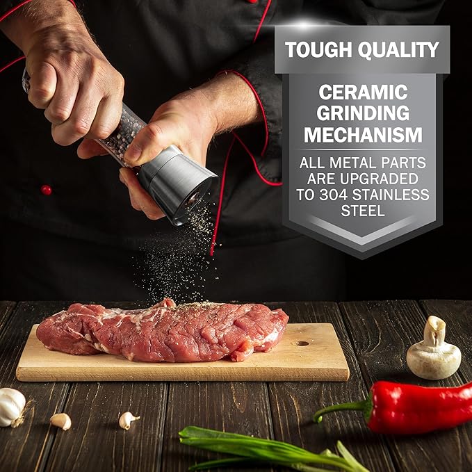 Home EC Original Stainless Steel Sea Salt and Pepper Grinder Set of 4 - Adjustable Ceramic - Tall