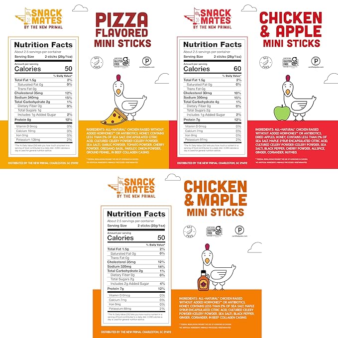 Snack Mates by New Primal Sampler Three Flavor Pack, Mini Chicken Sticks, High Protein and Low