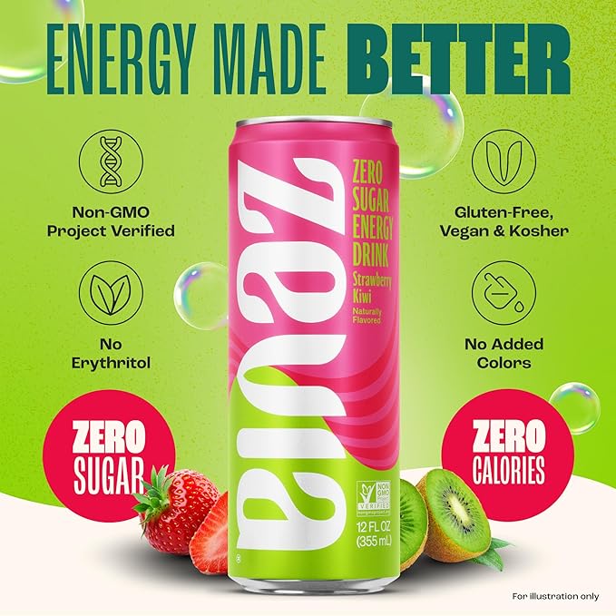 Zevia Zero Sugar Energy Drink, Strawberry Kiwi, 12 oz Cans (12-Pack) – Naturally Sweetened, Zero