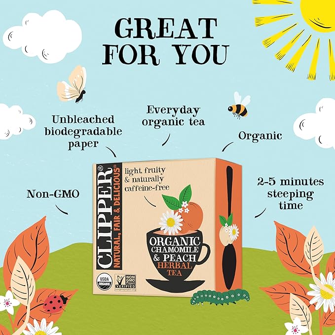 Clipper Tea Chamomile & Peach Teabags ??USDA Organic, Great Hot or Iced ??Natural, Fair & Delicious