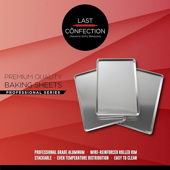 Last Confection 6 Cookie Baking Sheets 15" x 21" - Rimmed Aluminum Jelly Roll Trays - Three-Quarter