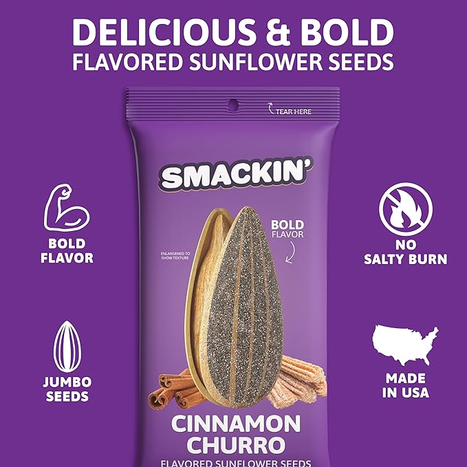 SMACKIN' Sunflower Seeds, Roasted Jumbo Small-Batch, American Made - Cinnamon Churro. 1.5oz bags