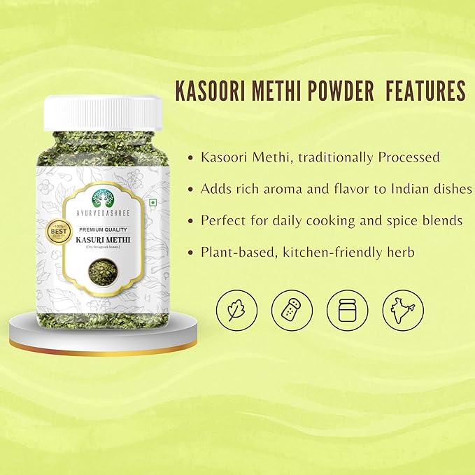 AYURVEDASHREE Fenugreek Leaves Dried (Kasoori Methi) 25gm PET Jar ~ All Natural | Vegan | NON-GMO |