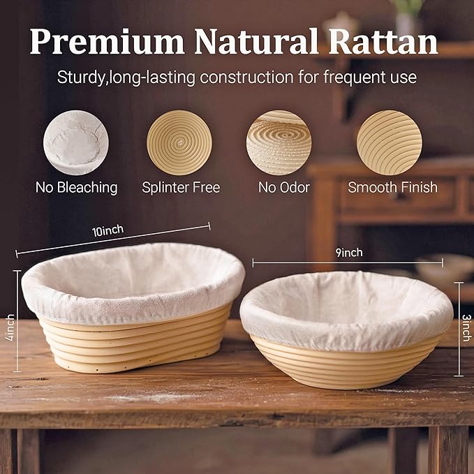 Sourdough Bread Proofing Basket Kit,9" Round and 10" Oval Banneton Basket with Liners &