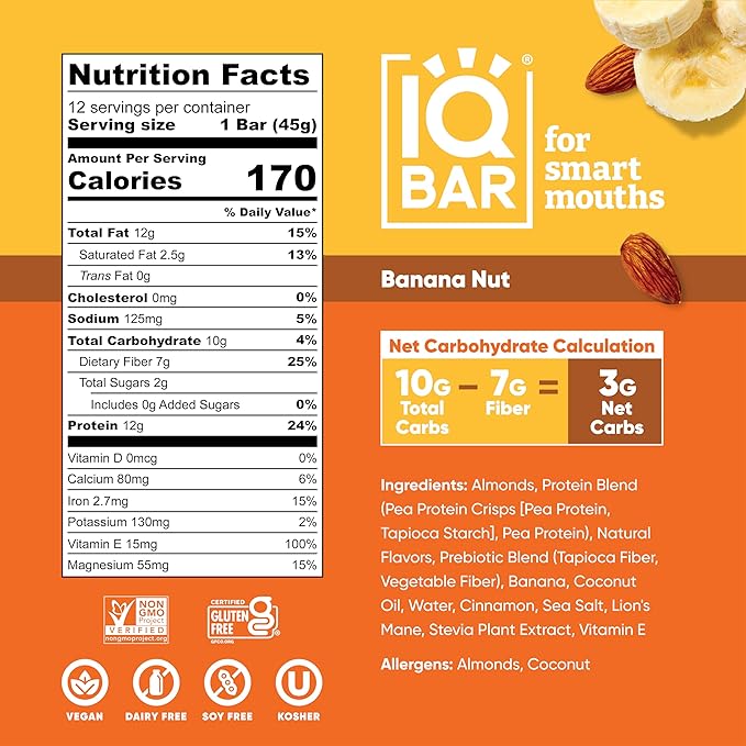 IQBAR Brain and Body Plant Protein Bars - Banana Nut - 12-Count Low Carb - Gluten Free, High Fiber