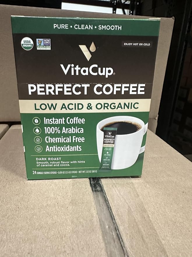 VitaCup Perfect Low Acid Instant Coffee Packets, Dark Roast Coffee, USDA Organic & Fair Trade