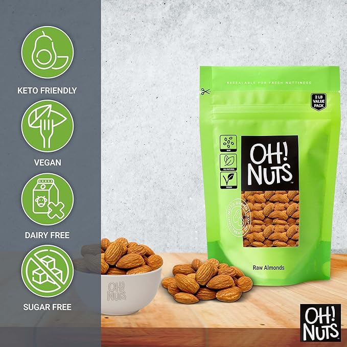 Oh! Nuts Almonds - Raw - 100% Natural - 2 lb - High-Protein Whole Almonds - Packed in New York