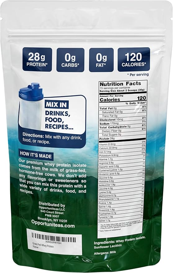 Opportuniteas Grass Fed Whey Isolate Protein Powder - Unflavored 28g Protein Powder Without