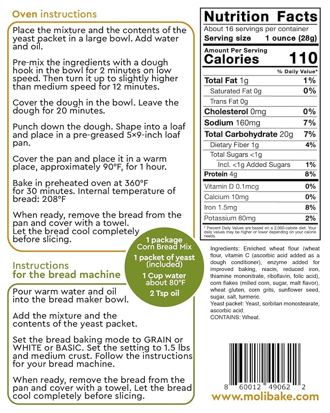 Molibake Corn Bread Mix ??Pack of 2 - All-Natural Baking Mix for Bread Machine and Oven - 15 oz