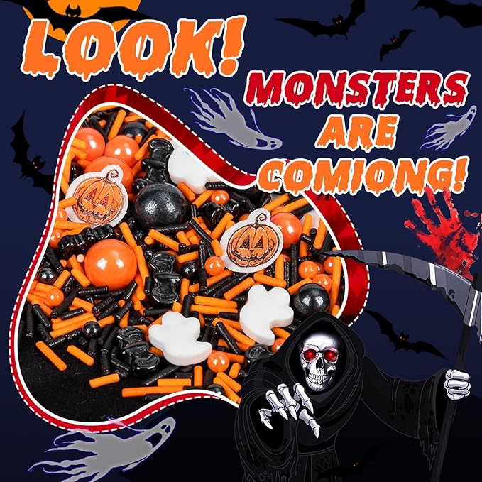 Edible Halloween Pumpkin Sprinkles,Orange Pearls Mix White Ghost,130g/4.58oz,Black Bat