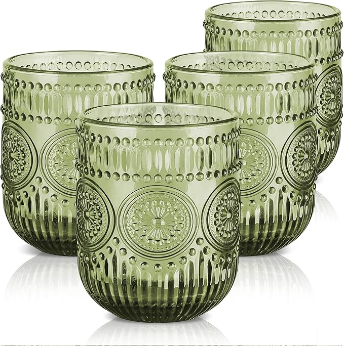 Joeyan Vintage Drinking Glasses Set of 4,9 oz Green Embossed Sunflower Small Water Glass Tumbler