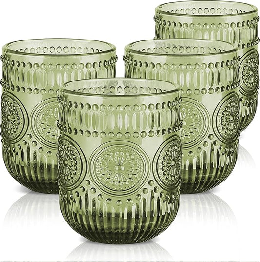 Joeyan Vintage Drinking Glasses Set of 4,9 oz Green Embossed Sunflower Small Water Glass Tumbler