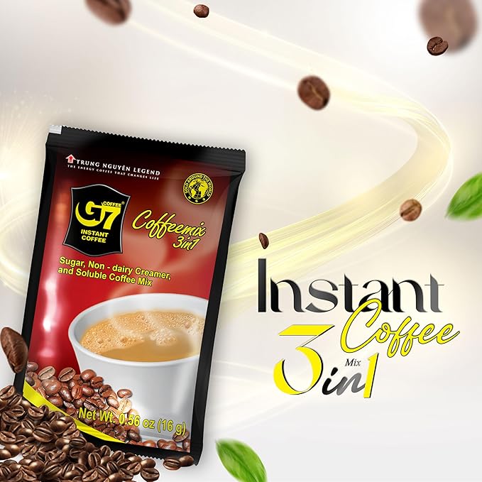 Trung Nguyen G7 Instant Coffee - 3-in-1 Roasted Ground Blend with Creamer & Sugar, Vietnamese