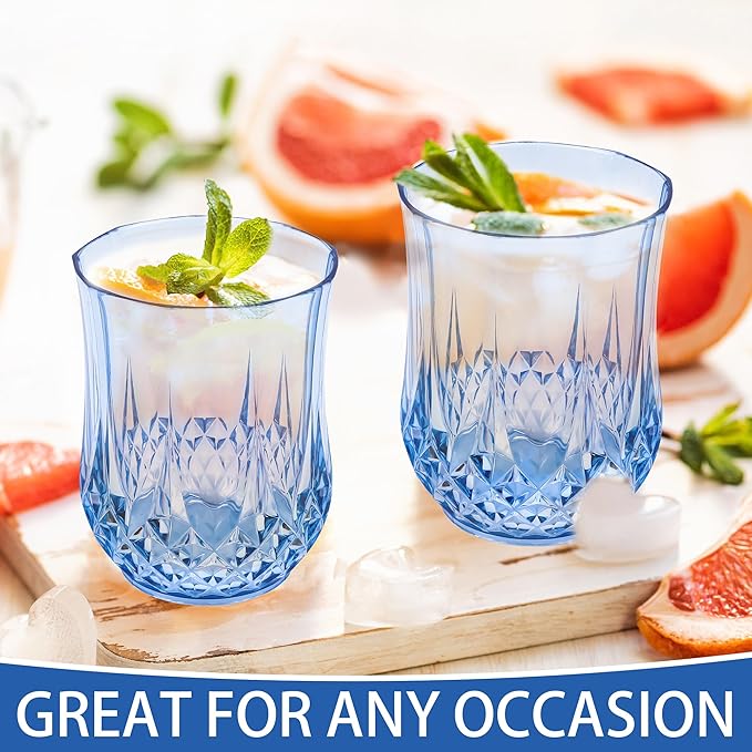 24 PCS Blue Stemless Wine Glasses，Plastic Reusable Cups 9OZ Vintage Drinking Glasses Tumblers for