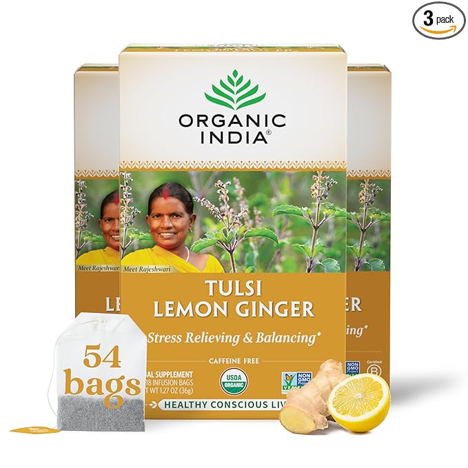 ORGANIC INDIA Tulsi Lemon Ginger Tea Bags - Herbal Tea, Stress Relieving & Reviving, Immune