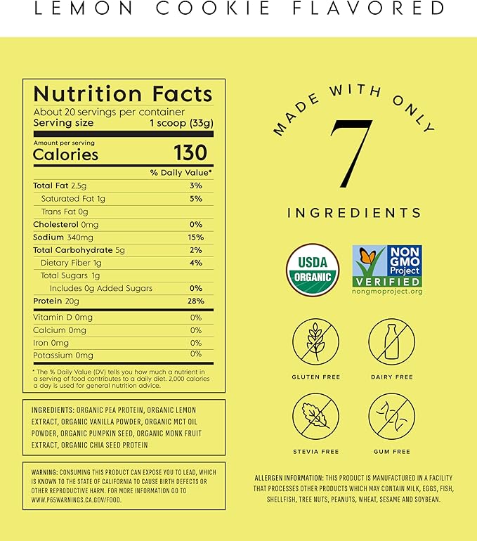 Truvani Vegan Pea Protein Powder | Lemon Cookie | 20g Organic Plant Based Protein | 20 Servings |