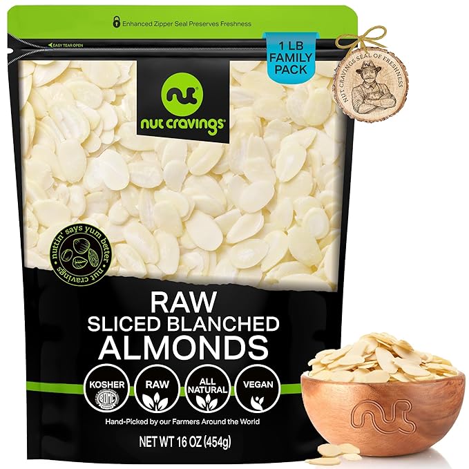 NUT CRAVINGS - Blanched Sliced Almonds - Raw, (16oz - 1 LB) Packed Fresh in Resealable Bag - Nut