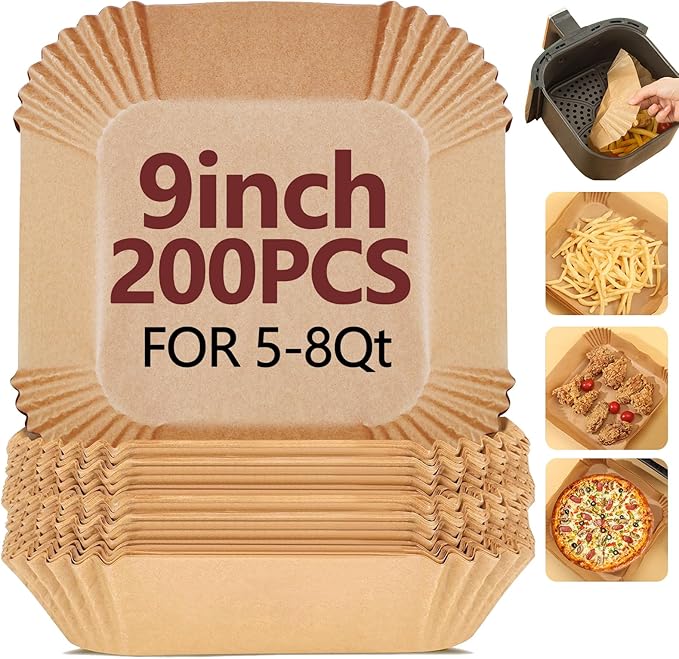 9 Inch Air Fryer Liners Disposable-200PCS Square Parchment Paper Liners,Heat Resistant &